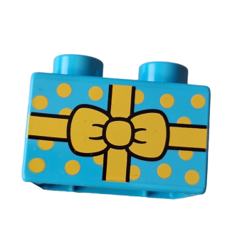 Lego Duplo brick 2x2 medium azure light blue printed bow wrapping paper dots yellow gift (3437pb077)