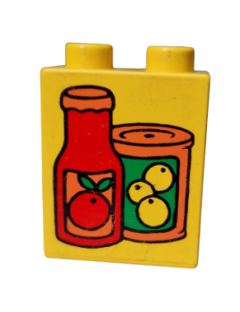Lego Duplo brick yellow 1x2x2 printed canned tomato juice canned fruit (4066pb140)