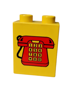 Lego Duplo brick 1 x 2 x 2 with red telephone with yellow buttons (4066pb100)