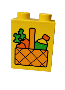 Lego Duplo brick yellow 1x2x2 printed picnic basket carrots bottle (4066pb030)