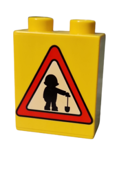 Lego Duplo brick 1x2x2 printed traffic sign Attention construction worker (4066pb135)