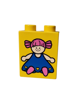 Lego Duplo brick yellow 1x2x2 printed doll blue pink (4066pb048)
