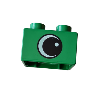 Lego Duplo brick 2x2 bright green printed on both sides eye white bordered black (3437pb094)