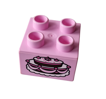 Lego duplo, brick 2 x 2 with cake with fancy icing pattern (3437pb057).