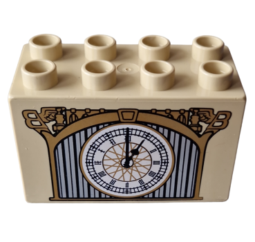 Lego Duplo Stein 2 x 4 x 2 mit Uhr mit römischen Ziffern und geflügeltem B-Muster (31111pb038)