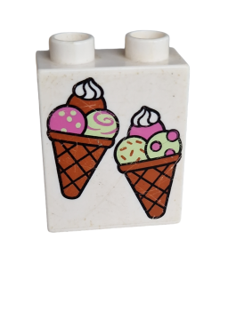 Duplo, brick 1 x 2 x 2 with bottom tube with 2 ice cream cones pattern ( 76371pb014)