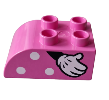 Lego Duplo, brick 2 x 3 slant curved with white spots and right hand with glove pattern (2302pb16R).
