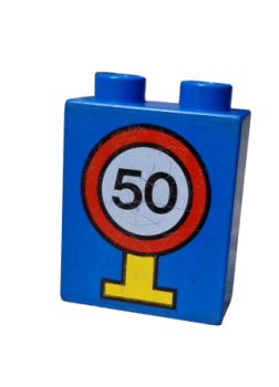 Lego Duplo Stein blau 1x2x2 bedruckt Verkehrsschild 50 (4066pb072)