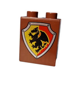Lego Duplo brick red brown 1x2x2 printed coat of arms shield dragon castle (4066pb098)