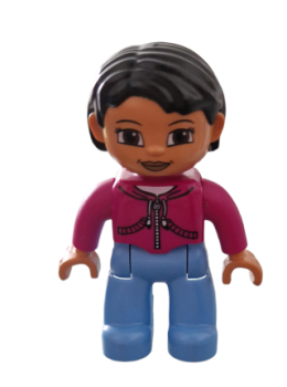 Lego Duplo Figur, weiblich, mittelblaue Beine, magentafarbenes Oberteil mit weißem Kordelzug, schwarze Haare, braune Augen (47394pb015b)