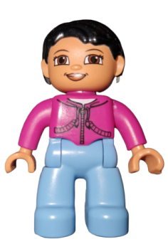 Lego Duplo Figur, weiblich, mittelblaue Beine, magentafarbenes Oberteil, schwarze Haare, braune Augen (47394pb015)