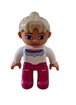 Lego Duplo  Figur , weiblich, magentafarbene Beine, weißer Pullover mit blauem Blumenmuster, hellbraune Pferdeschwanzhaare, blaue Augen (47394pb197)