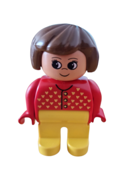 Lego Duplo Figur, weiblich, gelbe Beine, roter Pullover mit gelben V-Nähten, braune Haare, hochgeschlagene Nase (4555pb008)