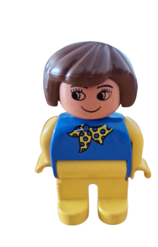 Lego Duplo figure, female, blue top with yellow and blue dotted scarf, yellow arms, brown hair, no nose, no white eye pattern (4555pb160)