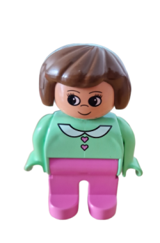 Lego Duplo figure, female dark pink legs, medium green blouse with heart buttons, brown hair (4555pb097)