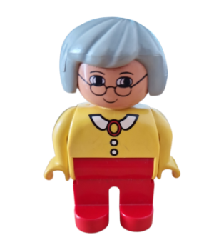 Lego Duplo figure, female, grandma, red legs, yellow blouse with white collar and 2 buttons, gray hair, glasses (4555pb132)
