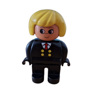 Lego Duplo Figur, weiblich schwarze Beine, rote Krawatte und schwarzer Anzug, gelbe Haare  (4555pb019)
