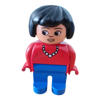 Lego Duplo figure, female, blue legs, red top with necklace, black hair  (4555pb124)