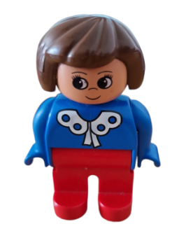 Lego Duplo Figur, weiblich, rote Beine, blaue Bluse mit weißem Spitzenbesatz, braune Haare (4555pb089)