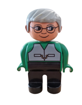 Lego Duplo Figur, männlich, schwarze Beine, grünes Oberteil mit Weste, graues Haar, Brille  (4555pb166)