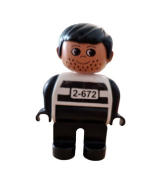 Lego Duplo figure, male, black legs, white top with 2-672 number on the chest, black hair, black hands, stubble Jailbreak Joe ( 4555pb053)