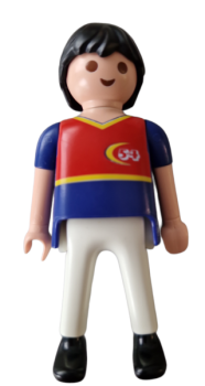 Playmobil man with white pants and blue/red shirt