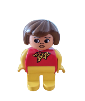 Lego Duplo figure, female, yellow legs, red top with yellow dotted scarf, yellow arms, brown hair, nose and lips, white eyes (4555pb142)