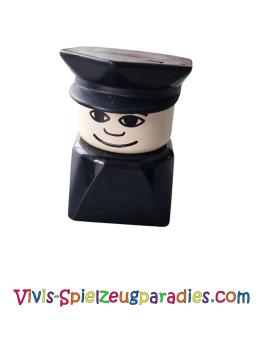 Lego Duplo 2 x 2 x 2 figure brick, male on black base, black police hat, wide smile (dupfig002)