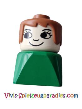 Lego Duplo 2 x 2 x 2 figure brick, female on green base, brown hair, eyelashes (dupfig007)