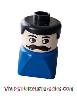 Lego Duplo 2 x 2 x 2 figure brick, male on blue base, black hair, moustache (dupfig009)