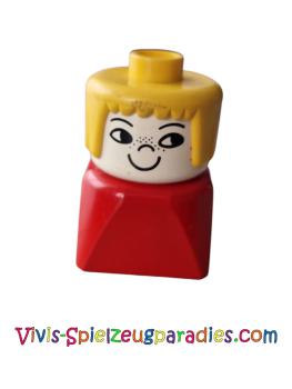 Lego Duplo 2 x 2 x 2 figure brick, female on red base, yellow hair, freckles (dupfig011)