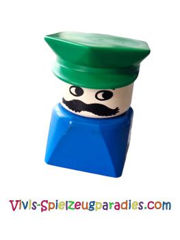 Lego Duplo 2 x 2 x 2 figure brick, male on blue base, green police hat (dupfig012)