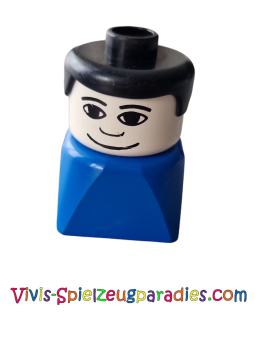 Lego Duplo 2 x 2 x 2 figure brick, male on blue base, black hair, wide smile (dupfig013)