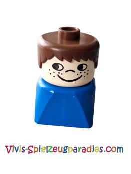 Lego Duplo 2 x 2 x 2 figure brick, male on blue base, brown hair, freckles on cheeks (dupfig015)