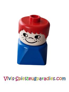 Lego Duplo 2 x 2 x 2 figure brick, male on blue base, red hair, freckles on cheeks (dupfig018)