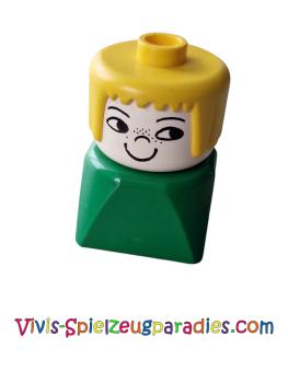 Lego Duplo 2 x 2 x 2 figure brick, female on green base, yellow hair, freckles on nose (dupfig019)