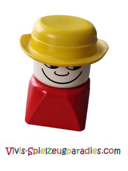 Lego Duplo 2 x 2 x 2 figure brick, male on male on red base, yellow derby hat (dupfig023)