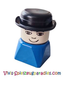 Lego Duplo 2 x 2 x 2 figure brick, male on blue base, black melon hat, (dupfig027)