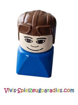 Lego Duplo 2 x 2 x 2 figure brick, male on blue base, brown aviator hat (dupfig029)