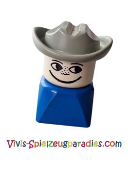 Lego Duplo 2 x 2 x 2 figure brick, male on blue base, light gray western hat, freckles (dupfig033)