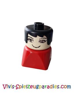 Lego Duplo 2 x 2 x 2 figure brick, female on red base, black hair, eyelashes, nose (dupfig034)