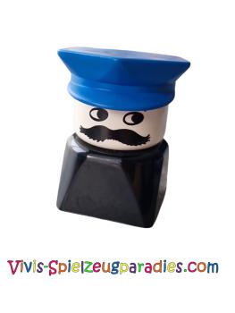 Lego Duplo 2 x 2 x 2 figure brick, male on male on black base, blue police hat, moustache (dupfig036)