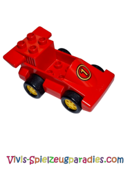 Lego Duplo car Formula 1 with yellow wheels and yellow pattern with the number 1 (duploracer01) red