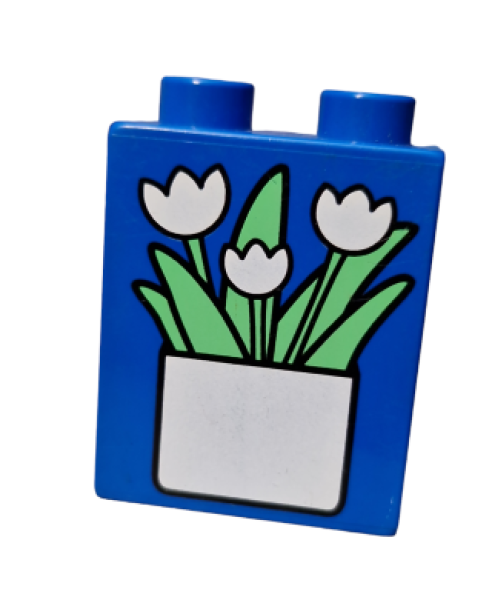 Lego Duplo brick blue 1x2x2 printed flower vase (4066 pb056)