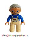 Lego Duplo figure, male, grandfather, light brown legs, blue top with light brown overall bib, glasses, light bluish-gray hair (47394pb011b)