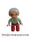 Lego Duplo figure, female, grandmother, dark red legs, sand green sweater, gray hair, green eyes, glasses (47394pb030)