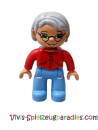 Lego Duplo figure, female, grandma, medium blue legs, red sweater, light blue-grey hair, green eyes, glasses