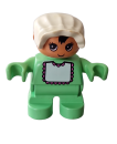 Lego Duplo baby, medium green legs, medium green top with white bib with dark pink lace, white hood (6453pb032 )
